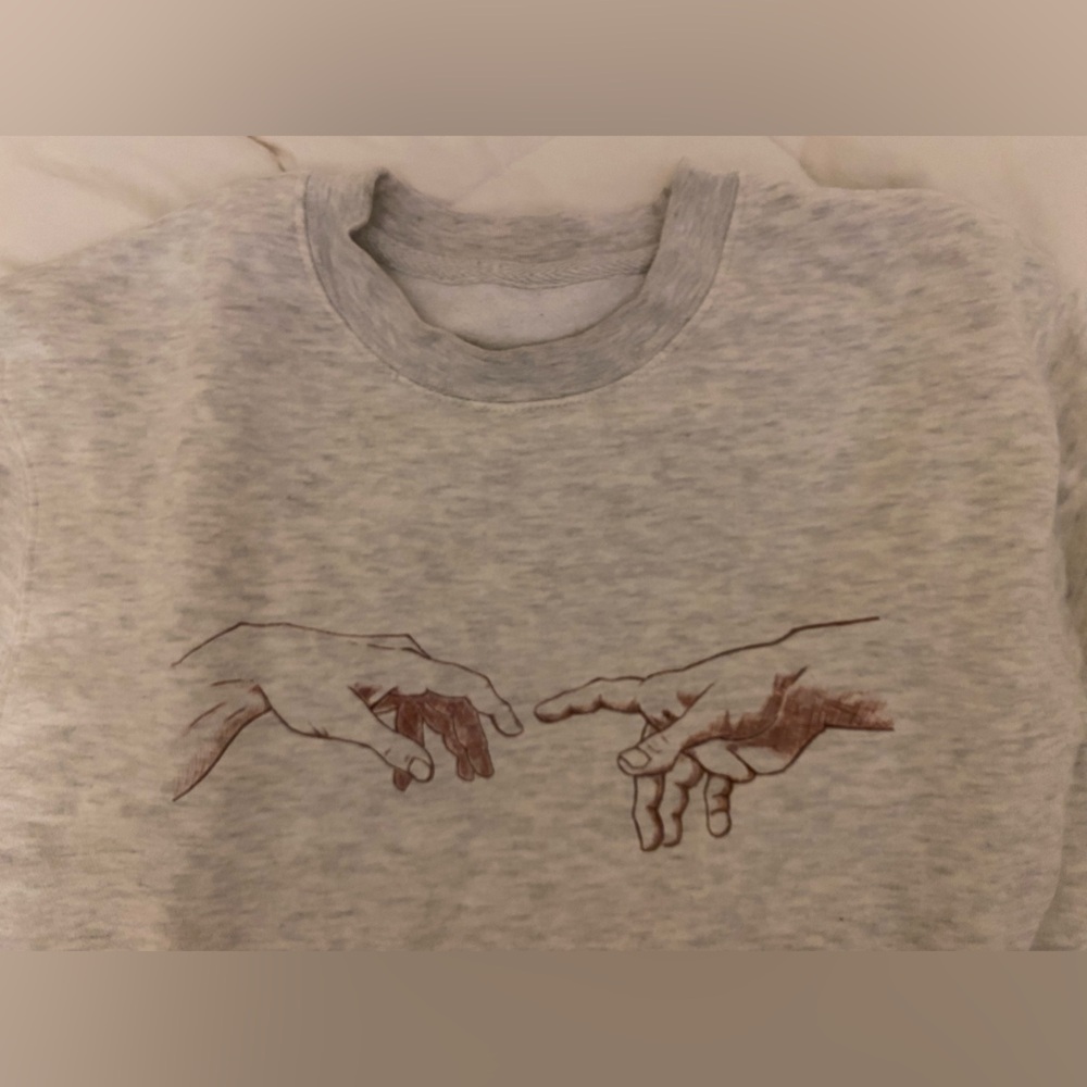 NWOT Men’s Gray Sweatshirt with Artistic Hand Design